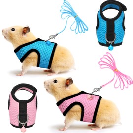 SATINIOR 2 Pieces Guinea Pig Harness and Leash Ferret Rats Hamster Soft Mesh Harness Leash Vest Set with Bell for Small Pet Rabbit Iguana Squirrel Chinchilla (Blue, Pink,XS)