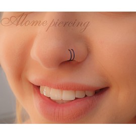 Tiny Black Fake Double Hoop Nose Ring - Faux Spiral Nose Ring 20 Gauge False Snug Double Nose Piercing Fake Thin Nose Piercings Hoops (Black Silver)