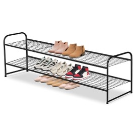 AOODA Long 2 Tier Shoe Rack for Closet Metal Wide Stackable Shoe Storage Organizer for Entryway, Bedroom, Floor, 18-Pairs Low Shoe Shelf, Black