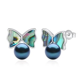 BAMIKI Freshwater Cultured Black Pearl Earrings for Women, Bow Shaped Abalone shell Sterling Silver Stud Earrings
