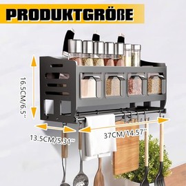 Spice Rack with Spice Boxes, Kitchen Shelf Wall with Kitchen Roll Holder and Hooks, Carbon Steel Spice Rack, Hanging Spice Organiser for Kitchen, Worktop, Cabinet (with 4 Spice Box)