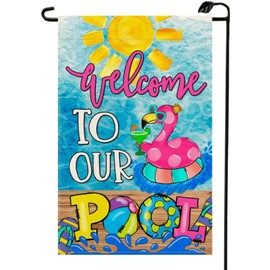Welcome to our Pool Summer Flamingo Garden Flag 12x18 Inch Double Sided Double Sided Burlap Seasonal Farmhouse Yard Outdoor Decoration Flag XJ32
