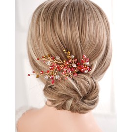 Missgrace Women Bridal Wedding Gold Red Black Side Crystal Hair Comb Special Occasion Headpiece Hair Accessories for Women (Red)