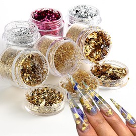 6 Bottles Holographic Nail Glitter Foils, Metallic Gold Silver Hot Pink Ultra-Thin Aluminum Foil Flakes for Nails, Resin Jewelry Making, Painting Art Nail Supplies DIY Manicure Charms Decorations