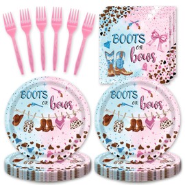 48pcs Pink Blue Gender Reveal Party Decoration Set,16 Dessert plate,16 Napkin And 16 Fork,16 persons Disposable tableware,Used Cowgirl Birthday Party Supplies (Multicolor 25)