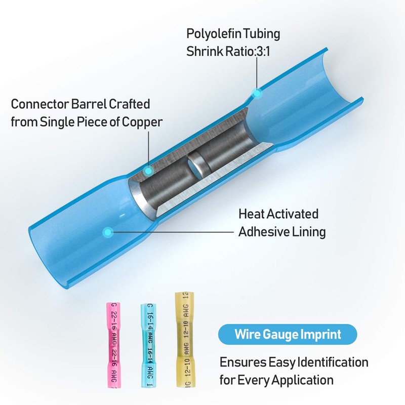 TICONN 250Pcs Heat Shrink Wire Connectors, Waterproof Automotive Marine Electrical