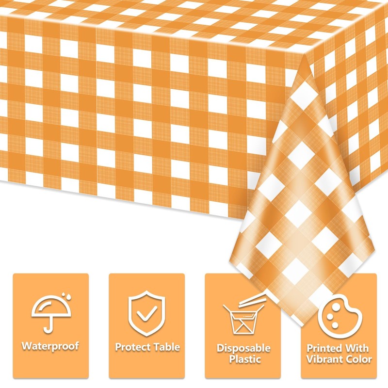 4 Pack Orange Gingham Tablecloths for Birthday Party Fall Thanksgiving