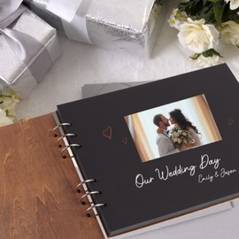 Creawoo 28.5 cm Mr & Mrs Wooden Wedding Guest Book, Wedding Book Reminders Scrapbook for Wedding, Anniversary, Birthday with 80 Blank Pages and Black Paper, at least 160 Pictures