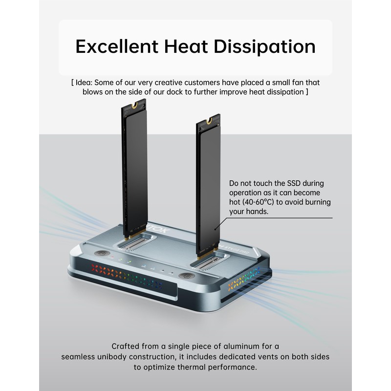 SUITOK Dual-Bay M.2 SSD Cloner 20Gbps NVMe Duplicator Quadruple Cooling
