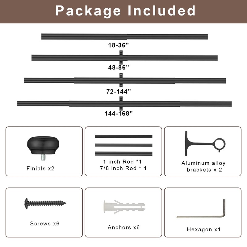 Heavy Adjustable Curtain Rod, 1 inch, 28-48 inch, Round Cap,