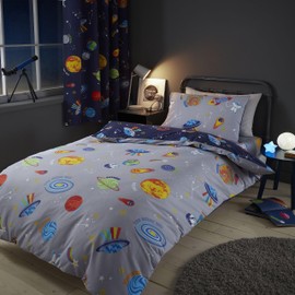 Catherine Lansfield Lost In Space Reversible Single Duvet Cover Set with Pillowcase Blue