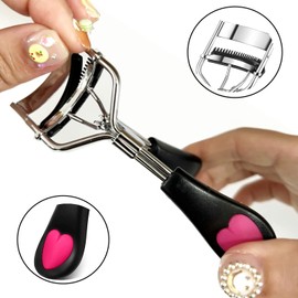 MERVK Stainless Steel Eyelash Curler with Built-in Comb Pinch Pain-Free Suitable for Any Eye Shapes and Sizes, with 5 Silicone Refill Pads (Black)