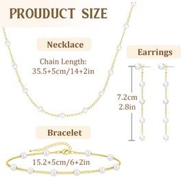 XSDSLS Pearl Jewellery Set for Women 14K Gold Adjustable Pearl Bracelet Pearl Necklace, Pearl Earrings Hanging Bead Bracelets Gifts for Women Girls, Natural pearls, No Gemstone