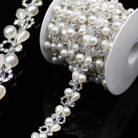 2 Yard Pearl Chain Silver Rhinestone Trim String Crystal Applique Fringe Ribbon Strips Beads Sewing Dress DIY Party Wedding Bouquet for Decoration Bridal Costume Embellishment