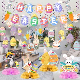 WEIKA 31 Pcs Easter Decorations Indoor Easter Party Decorations Kit, Egg Bunny Hanging Swirls and Honeycomb Centerpiece, Happy Easter Banners for Easter Themed Party Home Decor Spring Party Supplies