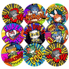 144 Hero Comic Animal Praise Words 30mm Glossy Reward Stickers