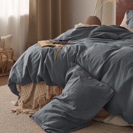 Bedsure Linen Duvet Cover Queen - Linen Cotton Blend Bedding Set, Soft & Cozy, 3 Pieces, 1 Duvet Cover 90x90 Inches and 2 Pillowcases, Charcoal Grey Color Cooling Bedding, Comforter Sold Separately