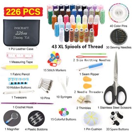 Inscraft Sewing Set, Sewing Set, 226 Piece Set, 43 Colors Sewing Tools, Portable Sewing Machine Accessories, DIY Art Sewing, Sewing Practice, Garment Repair, Embroidery, Handicrafts, Portable, Convenient Storage Case, Home Economics, Adults, Home Use, Tr