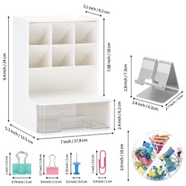 LETURE Desk Organizers and Accessories with Drawer, Pen Pencil Marker Organizer for Desk, Office Supplies Desk Stationary Organizer Caddy + Mobile Phone Holder / 68 Clips Set (White)