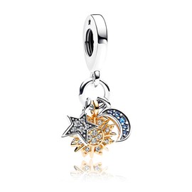 Doyafer 925 Sterling Silver Star Moon Pendant Charm Women Bracelet Necklace Beads Charms Set Safety Chain Birthday Holiday Gifts, Silver, Cubic Zirconia