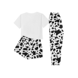 WDIRARA Women's 3 Piece Sleepwear Cow Print Short Sleeve Round Neck Tee Top and Shorts Pajamas Set with Pants, Multicolored, X-Large