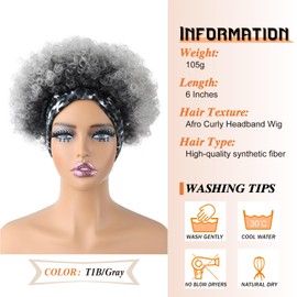 Rafabcici Afro Curly Headband Wig for Black Women,Short Kinky Curly Synthetic Wig with Super Elastic Headband Glueless Quick Wear And Go Fluffy Bouncy Afro Wig for Daily Party(T1B/Grey)