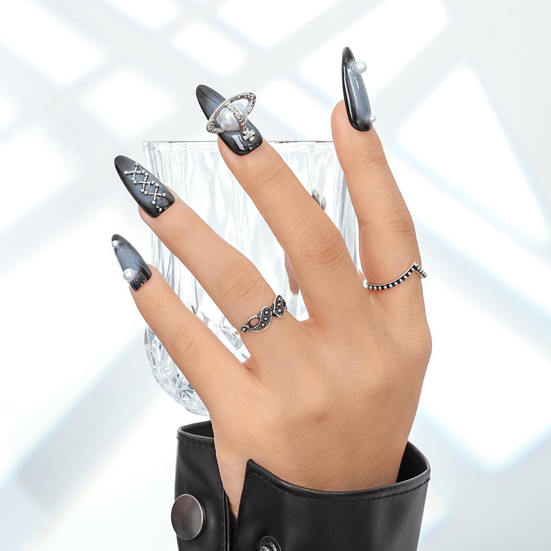 Sethaxy Mine-Based Nail Tip, Long Almond, Gradient, Press-On Nail, Pearl,