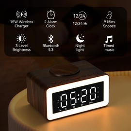 Keweiwo Wooden Bluetooth Speaker Alarm Clock with Wireless Charging, 0-100% Adjustable Brightness Dimmer, 2 Alarms, 9 Mins Snooze, 12/24h, Led Night Digital Clock for Bedrooms, Office,Travel(Black)