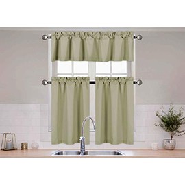 Better Home Style 3 Piece Solid Color 100% Blackout Kitchen Window Curtain Set with Tiers and Valance Solid Energy Efficient Thermal Room Darkening Drape Window Treatment # MKC (Sage Green)