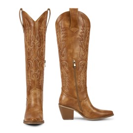 wetkiss Brown Cowgirl Boots Side Zipper Womens Cowboy Boots Knee High Retro Tall Woman Western Vintage Embroidery Pointed Toe Chunky Heel Ladies Size 10.5