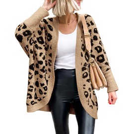 BTFBM Women Fashion Leopard Print Long Sleeve Sweater Cardigan Loose Knit Open Front Fall Winter Outwear Coats(Leopard Khaki, Medium)