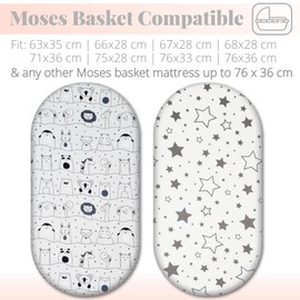 Moses Basket Fitted Sheets – 100% Cotton, Soft & Breathable Baby Bedding Set – 2-Pack Snug Fit Bassinet Sheets for Moses Baskets & Prams - Fits Mattresses Up to 76x36cm (Grey Animals & Stars)