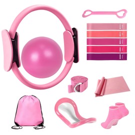 yeklike Pilates Ring Kit for Women - Home Workout Equipment with 9.8" Yoga Ball, 5 Pilates Bands, Magic Circle, Anti-Slip Socks, Gym Bag, for Legs, Arms, Thighs, Yoga Set for Beginners-13 Piece Pink