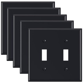 ELEGRP Glossy Black 2-Gang Toggle Switch Wall Plates, Double Mid-Size 4.88" H x 4.94" L Unbreakable Thermoplastic Faceplate Cover for Toggle Dimmer Light Switches, UL Listed (5 Pack)