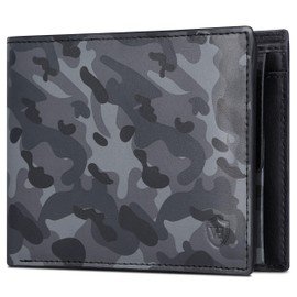 VON HEESEN Men's Leather Wallet with RFID Protection - Genuine Leather Wallet for Men - Women's Wallet, Black grey camouflage, landscape large (trifold)