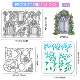 GLOBLELAND Vintage Gothic Architecture Clear Silicone Stamp Metal Window Door Frame Cutting Die Cuts Layering Branches Leaves Paint Craft Stencils for Card Making Scrapbooking Craft DIY Embossing