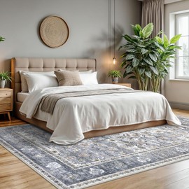 KUTA Grey 8x10 Area Rugs for Living Room, Washable Large Rug for Bedroom 8ft x 10ft Non-Slip, Ultra Thin Soft Printed Vintage Floral Distressed Dining Room Low-Pile Carpet for Office