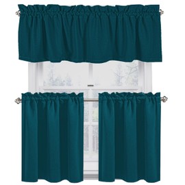Native Fab 3 Piece Window Curtain Tiers 26"x36" and Valance 54"x18" Set - Rod Pocket - Semi Sheer - Short Curtain for Kitchen, Cafe, Living Room - Teal Green