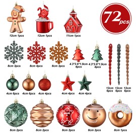 PageebO Christmas Ornaments Set, 72Pcs Red Green Gold Gingerbread Snowflake Donut Variety Shatterproof Christmas Tree Decorations for Indoor Outdoor Vintage Xmas Decor Home New Year Party Supplies