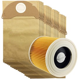 SPARES2GO Hoover Filter Bags Set for KARCHER IPX4 MV2 WD2 Wet & Dry Vacuum (Pack of 20 Dust Bag + 1 Filter)
