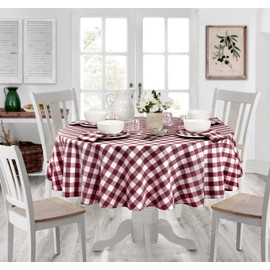 Home Bargains Plus Country Rustic Buffalo Plaid Cotton Fabric Tablecloth, Checkered Cottage Gingham Easy Care Tablecloth, 70” Round, Burgundy