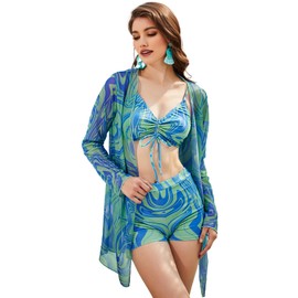 WDIRARA Conjunto de 3 piezas para mujer, tankini con cordón frontal y estampado de mármol, traje de baño con kimono, Azul, M