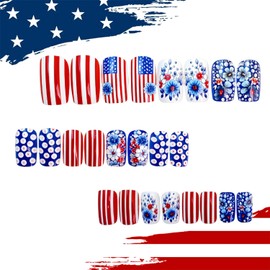 Independence Day Flower Press on Nails Medium Square Red White Stripes False Nail Blue Floral Pattern Design 4th of July Artificial Acrylic Nail Full Cover Glue on Nail for Women Holiday Manicure
