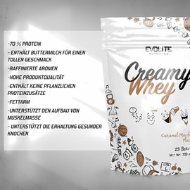 Evolite Whey Protein Pulver 700 g - Molke Protein Powder Whey mit Buttermilch - 21 g Protein pro Portion - 23 Portionen - Molkenprotein-Konzentrat - Ideal zum Muskelaufbau und erhalt - Caramel