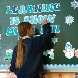 Mosailles 66PCS Winter Bulletin Board Kit Snowflakes Boarders Snowman Cutouts Learning is Snow Much Fun Decoration Set Gloves Hat Hot Coco Boots Cedars Wall Decor for Classroom School Office