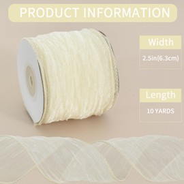 RIBBOOO 2.5 Inch Wired Ribbons Beige Organza Sheer Wired Ribbon Crinkle Sheer Ribbons for Christmas Tree Decoration Gift Wrapping Wreath Crafts Bows Flower Bouquet Wrap Home Decor (10 Yards)