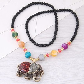 AKOAK Bohemian Long Black Beaded Chain Elephant Pendant Necklace