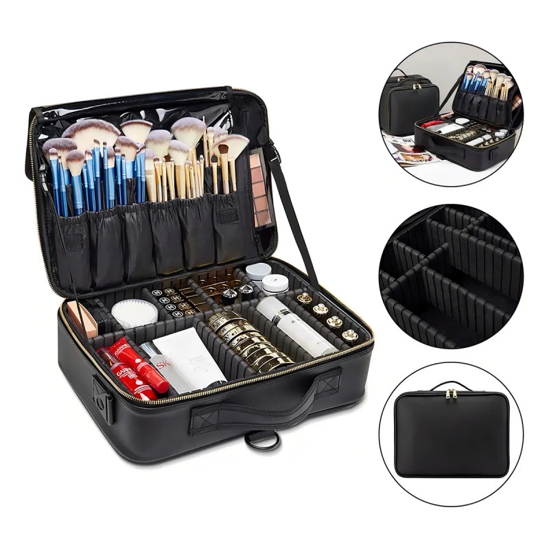 Maletín Maquillaje Cosmetiquera Con Divisor Ajustable Viaje Color Negro
