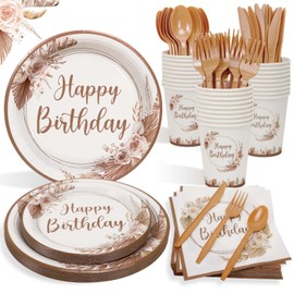 Boho Birthday Decorations Plates Set for 25 Guests,175Pcs Neutral Birthday Paper Plates Napkins Cups Cutlery Set for Women Girls