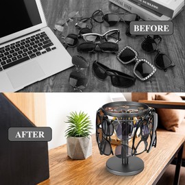 kondyfayo 360° Rotating Sunglass Organizer Storage, Stainless Steel Glasses Holder Stand, Glasses Organizer with Tray for Desk, Dresser, Tabletop, Nightstand and Home Decor(Titanium Black)